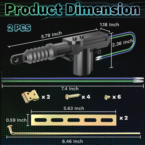 Dimensions of Universal 12V Door Lock Actuator Kit for Cars and Trucks with tool set, wires, and mounting hardware visible