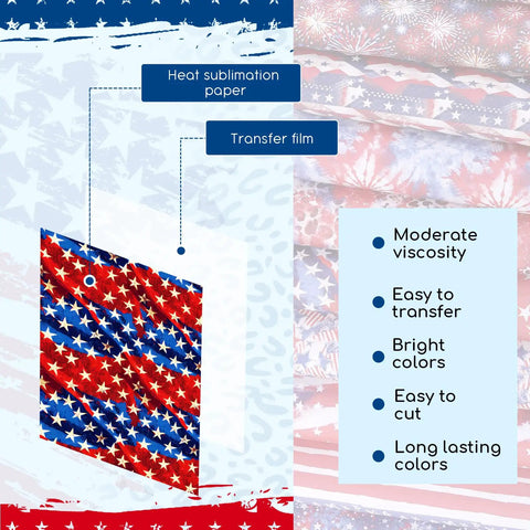 American Flag Sublimation Transfer Paper 12x10 Inch 10 Sheets Leopard Flag Pattern For DIY Mugs Tumblers Keychains And Shirts Ready To Cut Sheets With Vivid Color Transfer For Heat Press Projects showing features like bright colors and easy transfer.