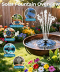 Floating Solar Bird Bath Fountain Pump With 6V 1.2W Panel in garden setting, demonstrating spray patterns and solar power features.