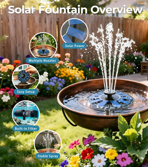 Solar Bird Bath Fountain Pump Six Volt One Point Two Watt Floating Solar Fountain in operation with spray patterns in a garden