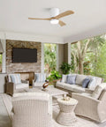 42" Low Profile Ceiling Fan with Light, Matte White Wood Blade Flush Mount Fan in modern outdoor living space.