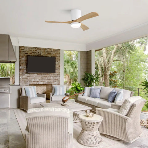42" Low Profile Ceiling Fan with Light, Matte White Wood Blade Flush Mount Fan in modern outdoor living space.