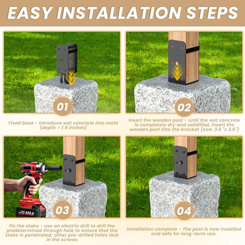 4 Pack Heavy Duty U-Shape Fence Post Holder Brackets For Wet Concrete Installations, 4x4 Posts, Actual 3.6x3.6, Post Base Anchor For Fence, Deck Railing, And Pergola Construction