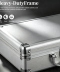 Kickass Top Notch Heavy Duty Aluminum Alloy Tool Case With Custom Foam Insert Hard Shield For Cameras Cosmetics And Small Tech Gear Portable Metal Briefcase Pro close-up view showing sturdy metal corners and latch.