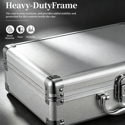 Kickass Top Notch Heavy Duty Aluminum Alloy Tool Case With Custom Foam Insert Hard Shield For Cameras Cosmetics And Small Tech Gear Portable Metal Briefcase Pro close-up view showing sturdy metal corners and latch.