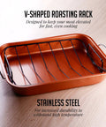 Stainless Steel Roasting Pan With V-Shape Rack And Carving Set 15 By 11.75 Inch Nonstick Roaster Tray Copper Finish