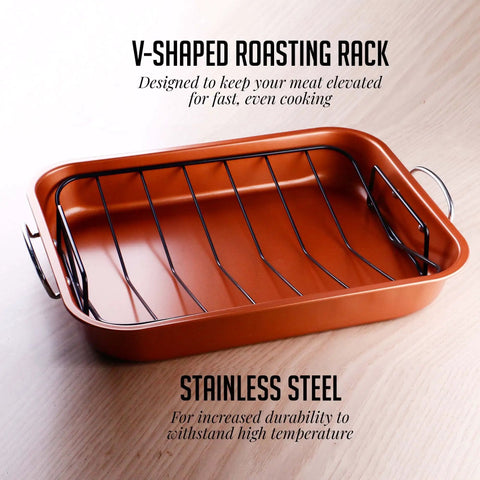 Stainless Steel Roasting Pan With V-Shape Rack And Carving Set 15 By 11.75 Inch Nonstick Roaster Tray Copper Finish