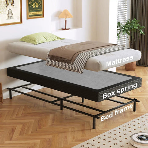 Heavy Duty Twin Bed Box Spring With Noise Free Metal Frame And Thick Fabric Cover For Memory Foam And Innerspring Mattresses Quick Snap Together Assembly Low Riser Sleep Game Changer with mattress and bed frame.