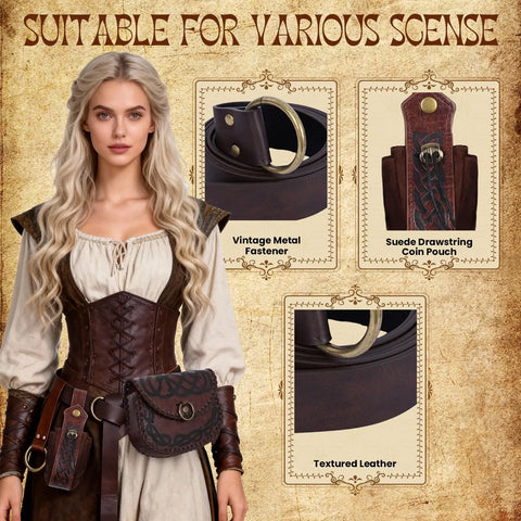 Solid Brown Viking Pirate Belt Pouch Set Of Four Legit Saddlebag Waist Bags Featuring Dang Cool Vintage Closure For Renaissance Cosplay Larp Gatherings And Everyday Carry Adventures with textured leather and vintage metal fastener.