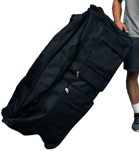 Gothamite 36-inch black rolling duffle bag with wheels and multiple exterior zip pockets.