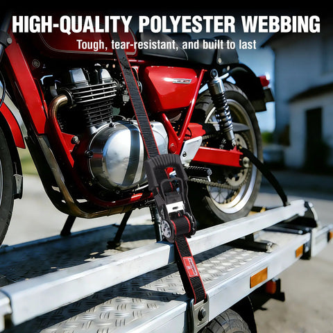 4 Pack Heavy Duty Ratchet Tie Down Straps 1 Inch X 12 Foot 1500 Lbs Breaking Point securing a motorcycle on a trailer ramp.