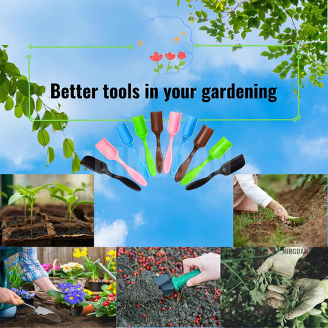 Ten Pack Mini Plastic Garden Shovels for Easy Soil Digging and Transplanting with colorful handles displayed in garden scenes