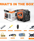 Heavy Duty Tri Fuel Inverter Generator Pumps Out 13500 Peak Watts With Auto Start Bluetooth Link CO Sensor Shutoff And Super Quiet 550Cc Motor For Home Backup Tailgate Camping contents showing accessories and generator.