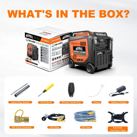Heavy Duty Tri Fuel Inverter Generator Pumps Out 13500 Peak Watts With Auto Start Bluetooth Link CO Sensor Shutoff And Super Quiet 550Cc Motor For Home Backup Tailgate Camping contents showing accessories and generator.