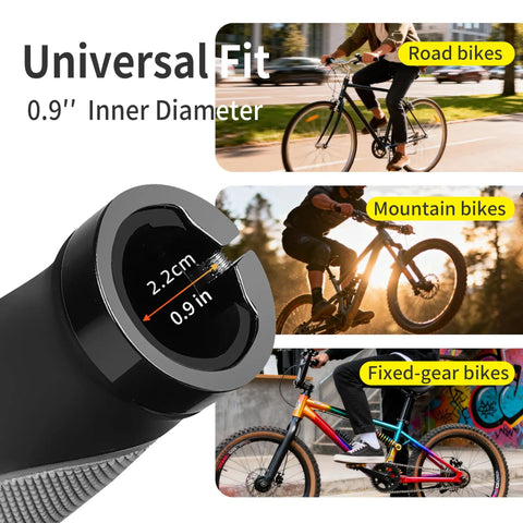 Ergonomic Bike Handlebar Grips With Anti Slip Rubber for MTB Road and Folding Bikes showing universal 22.2mm fit for varied bikes