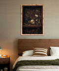 Stunning Vintage Clockwork Pocket Watch Wall Art Natural Framed Print With Brass Gears And Floral Details For Moody Dark Wood Interior Decor That Adds Classic Charm To Any Home Or Office Room Setting Right Now displayed above a bed.