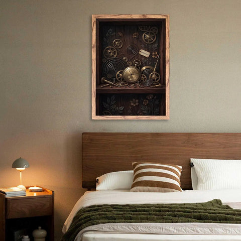 Stunning Vintage Clockwork Pocket Watch Wall Art Natural Framed Print With Brass Gears And Floral Details For Moody Dark Wood Interior Decor That Adds Classic Charm To Any Home Or Office Room Setting Right Now displayed above a bed.