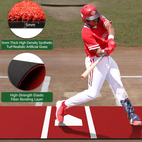 Baseball player practicing on Pro Grade Batting Mat For Baseball Hitting Practice 9.8 Feet By 3.8 Feet Batting Cage Mat