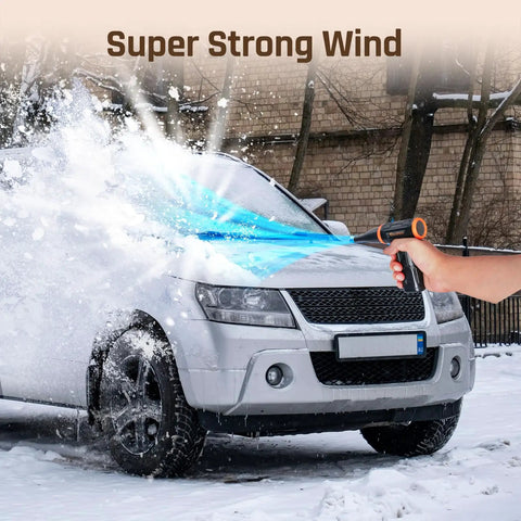 Hand using Cordless Electric Air Duster With Variable Speed Control Delivers Up To 50 MPH And 110000 RPM For PC Keyboard Computer Home Cleaning Reusable Air Blower Mini Dust Duster For Quick Dusting And Delicate Surfaces to clear snow from SUV