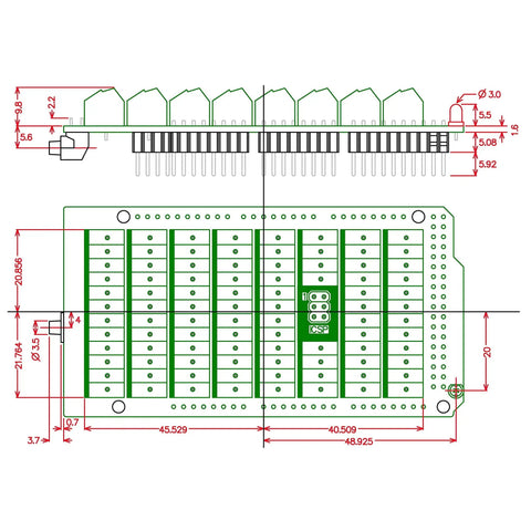 Screw Terminal Block Breakout Module for Arduino Mega 2560 R3 With Power On LED Side Reset Button Soldered And Assembled 3.5mm Pitch Compatible With 26 AWG To 16 AWG Wire dimension drawing with ICSP header