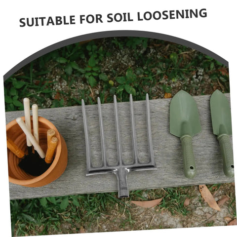 Heavy Duty Steel Farm Fork With Four And Five Prongs for soil loosening and turning on wooden bench.