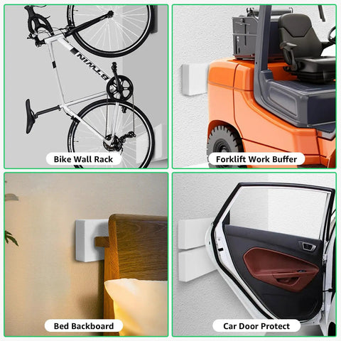 4 Pack Car Door Protector Strips Self Adhesive EVA Foam Wall Guard For Garage And Parking Anti Collision Bumper Shield Protects Doors, Bumpers, And Body Panels From Scratches And Dings, Oil Water Heat Resistant White 11.8 X 3.9 X 1.2 Inches image showing foam padding installed on walls for bike, forklift, bed, and car door protection.