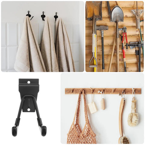 Rock Solid Black Metal Wall Hooks For Bags And Hats With Heavy Duty Mount shown holding towels and tools in organized spaces.