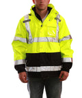 Worksite Ready High Visibility ANSI Class 3 Jacket with Phase 1 Black Fleece Liner Attached Hood 2X Fluorescent Yellow Green Black Waterproof Breathable Shell 2 Inch Reflective Tape For 360 Degree Nighttime Visibility