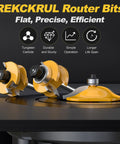 Solid Ogee Router Bit Set For Fine Woodworking With Three Knockout Rail And Stile Cutters Featuring Badass Tungsten Carbide Blades and Anti Kickback Design for Real Deal Shop Creations showcased on a router table.