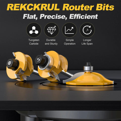Solid Ogee Router Bit Set For Fine Woodworking With Three Knockout Rail And Stile Cutters Featuring Badass Tungsten Carbide Blades and Anti Kickback Design for Real Deal Shop Creations showcased on a router table.