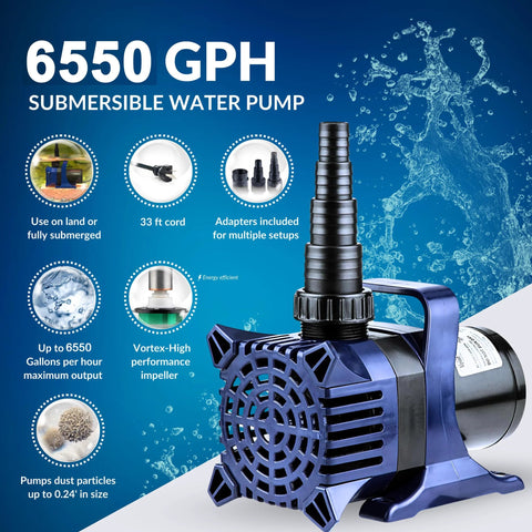 Front view of blue Alpine submersible water pump with vented housing and top nozzle.