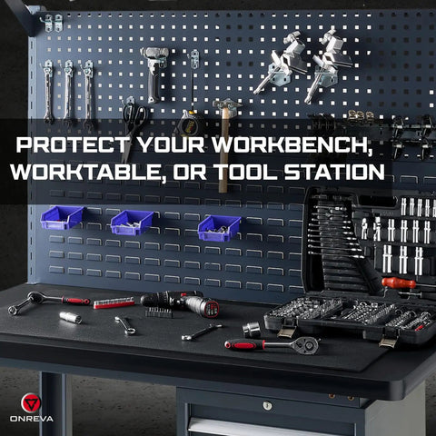 Heavy Duty Workbench Mat 60 By 24 Inches 5mm Thick EVA Rubber Surface Protector for Garage and Workshop Tables, tool setup shown.
