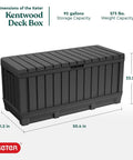 92 Gallon Resin Deck Box In Dark Gray For Outdoor Storage with dimensions and capacity details.