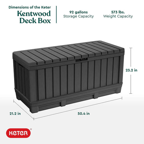 92 Gallon Resin Deck Box In Dark Gray For Outdoor Storage with dimensions and capacity details.