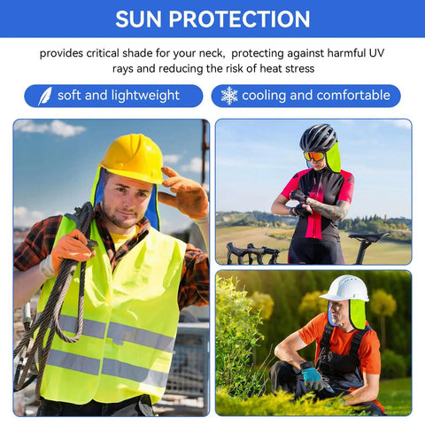Stay Frosty On Site With This Reusable Cooling Hard Hat Neck Shade For Trade Teams Activates With Water For Four Hours Of Hyper Evaporative Cooling Gear, worn by workers in bright settings.