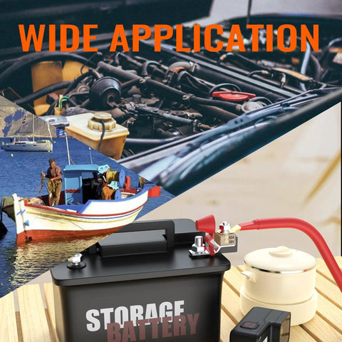 Heavy Duty Terminal Fuse Block Delivering 50 Amps And 58 Volts DC Coverage, showcasing battery setup in marine and vehicle applications.