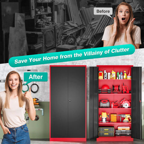 Heavy Duty Metal Storage Cabinet With Locking Doors 72 Inch Tall Wide And Deep Garage Organizer With Adjustable Shelves For Home Office Shop Garage And Basement Durable Construction For Long Lasting Performance shown in before and after use with smiling woman