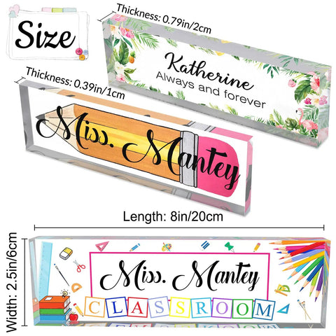 Custom Desk Name Plate For Teachers Acrylic Block with 'Miss Mantey' and classroom theme, clear 8x2.5-inch personalized acrylic plaque