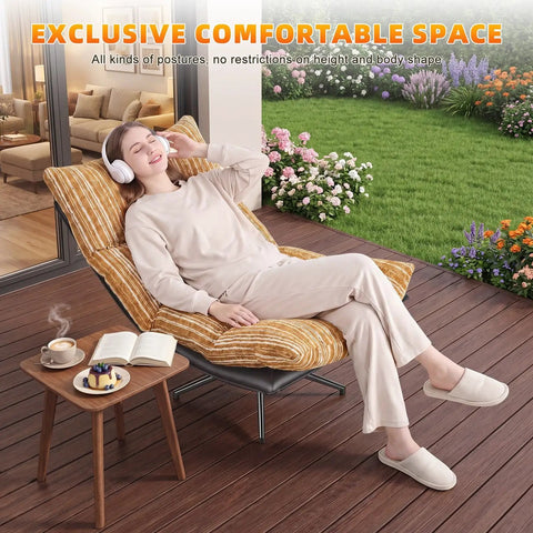 Woman relaxing on Big Comfy Rocking Swivel Chair With 360 Degree Spin And Adjustable Backrest in yellow stripe on patio