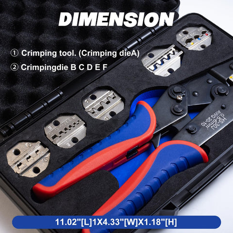 Pro Grade Crimping Tool Set With Ratchet Wire Crimper And 6 Interchangeable Dies shown in a case with crimping tools and dies