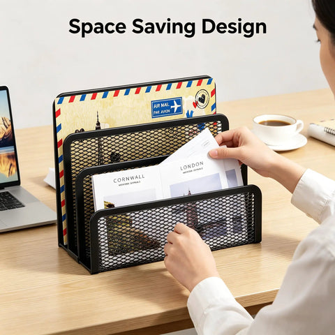 Three Compartment Metal Mesh Mail Organizer for letters, folders, and office supplies on desk