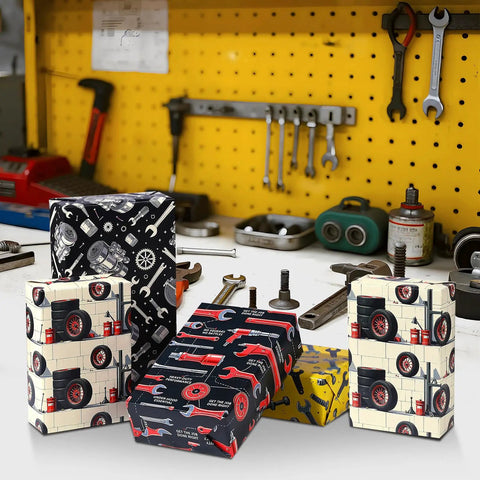 Mechanic Themed Wrapping Paper Pack With 12 Sheets In 3 Designs Featuring wrench, screw, And Tire Auto Parts Graphics, 20x28 Inches