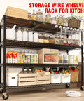 Heavy-Duty 4-Tier Adjustable Steel Storage Rack With Lockable Wheels, filled with pantry items, kitchen use