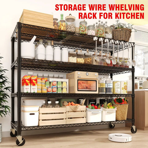 Beefy Heavy Duty Metal Wire Shelving Unit With Wheels, 4 Tier Industrial Storage Rack, Adjustable Shelves in a kitchen setting