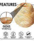 Features of Boho Rattan Pendant Light With Natural Bamboo Lantern Shade Rustic Wicker Chandelier For Farmhouse Kitchen And Dining Room Hanging Room Decor Eco Friendly Rattan Lamp With Long Adjustable Wire