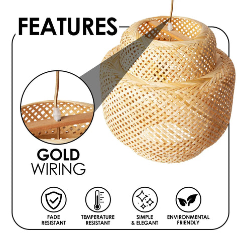 Features of Boho Rattan Pendant Light With Natural Bamboo Lantern Shade Rustic Wicker Chandelier For Farmhouse Kitchen And Dining Room Hanging Room Decor Eco Friendly Rattan Lamp With Long Adjustable Wire