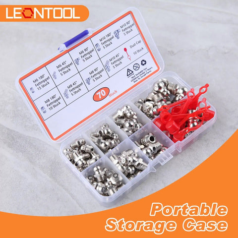 70 Pcs Metric Hydraulic Grease Fittings Kit M6 M8 M10 Straight 45 Degree 90 Degree Angled Zerk Fittings With Cap in open storage case