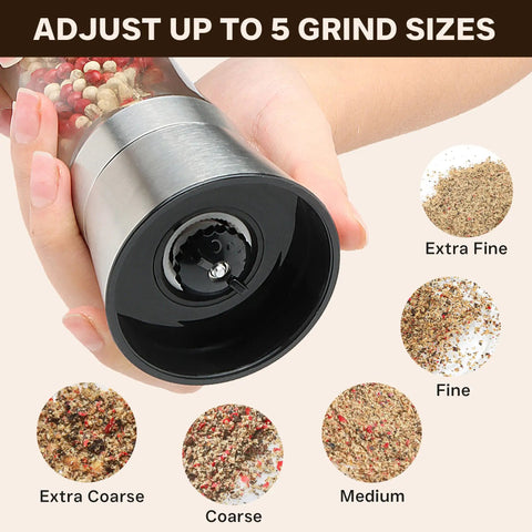 Manual Salt And Pepper Grinder Set With Ceramic Blades, Adjustable Coarseness, Stainless Steel Cap, hand holding grinder