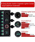 Beefy Eight Gang Waterproof Marine Rocker Switch Panel With Dual USB Ports And Cigarette Lighter Digital Voltage Display LED Light for Boat RV Truck Heavy Duty IP67 ABS Panel 6 to 28V Voltmeter 10000 Cycles shown with cigarette lighter socket, USB ports, voltmeter details.