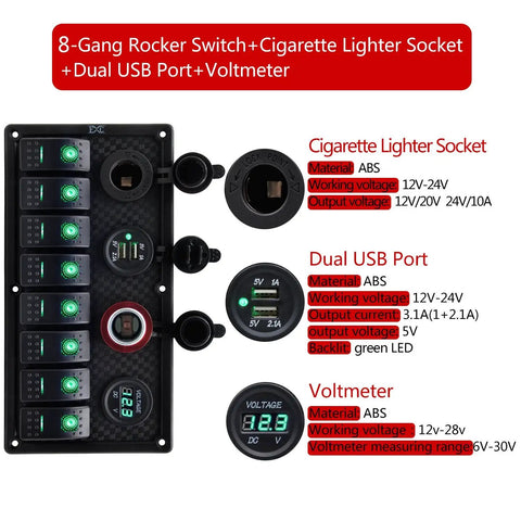 Beefy Eight Gang Waterproof Marine Rocker Switch Panel With Dual USB Ports And Cigarette Lighter Digital Voltage Display LED Light for Boat RV Truck Heavy Duty IP67 ABS Panel 6 to 28V Voltmeter 10000 Cycles shown with cigarette lighter socket, USB ports, voltmeter details.